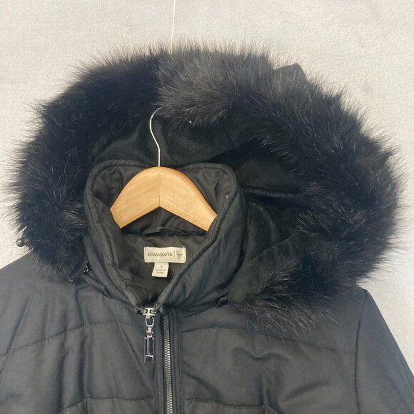Susan Graver Black Quilted Puffer Coat Womens Small S Removable Faux Fur Hood - Picture 7 of 16